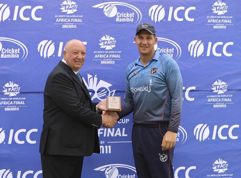 Player-of-the-match-JJ-Smit-with-Match-Referee-Gerrie-Pienaar-1024x754 The Eagles of Namibia are through to the ICC Men's T20 World Cup 2024