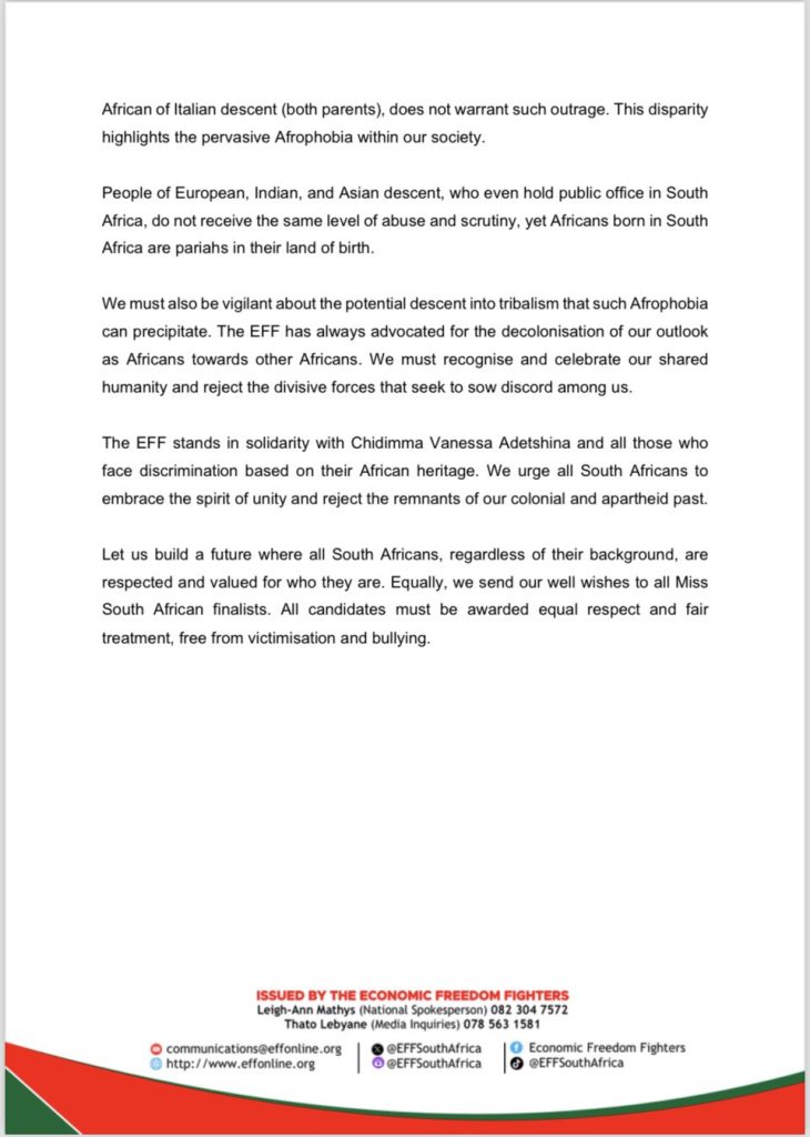 GTz6iZ1XAAADUJ_-730x1024 EFF condemns Afrophobic attacks on Miss South Africa contestant, Chidimma