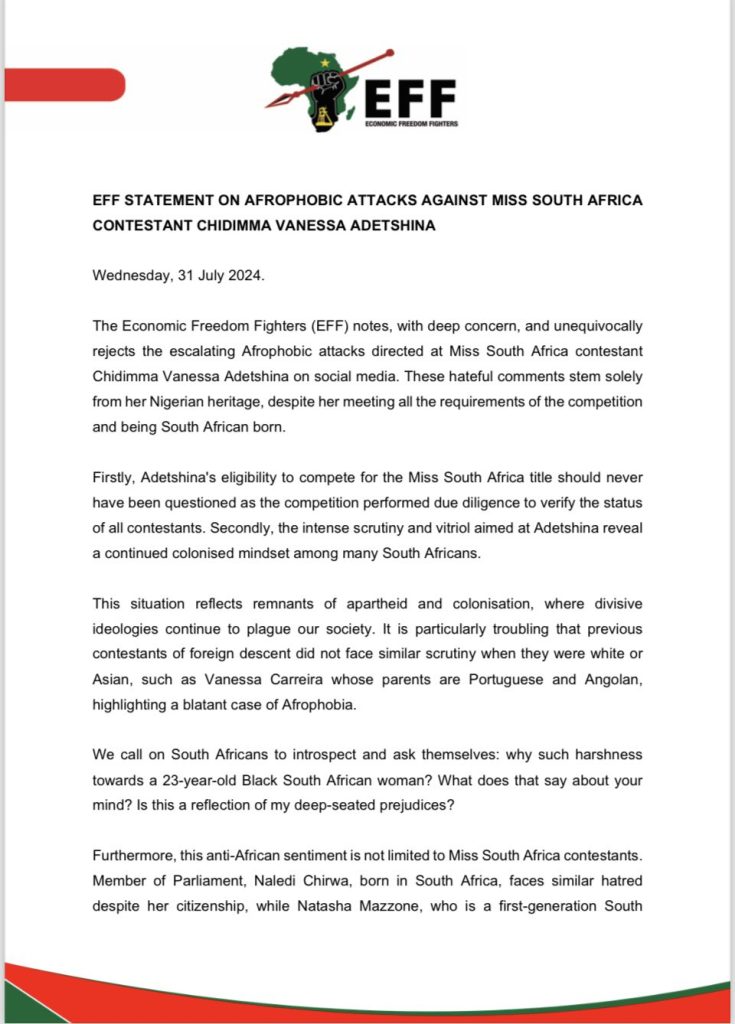 GTz6iZzWsAAyxkZ-735x1024 EFF condemns Afrophobic attacks on Miss South Africa contestant, Chidimma