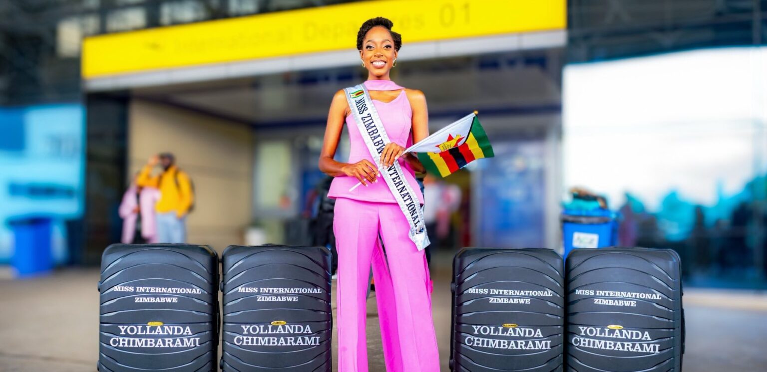 Yollanda Chimbarami departing for Tokyo with the Zimbabwe flag and Miss International sash